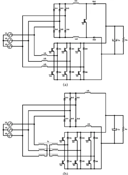 Fig. 2.9 – Retificador híbrido trifásico proposto por [35] (a) empregando o conversor CC-CC Boost e (b)  empregando transformador ou autotransformador