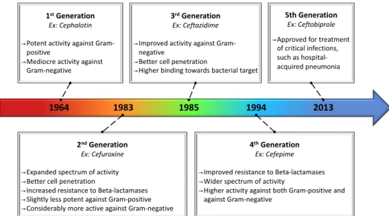 Figure 2. Evolution of cephalosporin characteristics over semi-synthetic generations. Because each  generation is the result of adding different molecular groups to 7-ACA, characteristics are not  necessarily inherited by succeeding generations