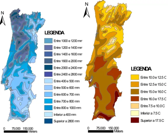 Fig 3.1 a) Rainfall distribution b) Temperature distribution in Portugal. Source: Adapted  from Atlas Do Ambiente
