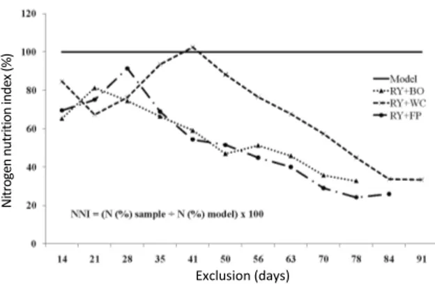 Figure 2. Nitrogen nutrition index (NNI) in annual ryegrass  plant intercropped with black oats (RY+BO), white clover  (RY+WC) and forage peanut (RY+FP)