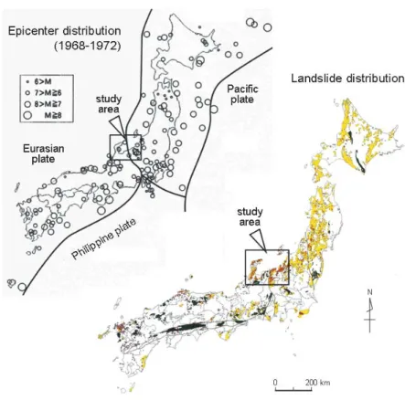 Fig. 1 – Earth quakes in tectonic active areas and landslide distribution in Japanese Island