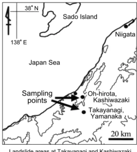 Fig. 2 – Locality map of landslide areas shows sampling points at Takayanagi and Kashiwazaki in Niigata prefecture in Japan.