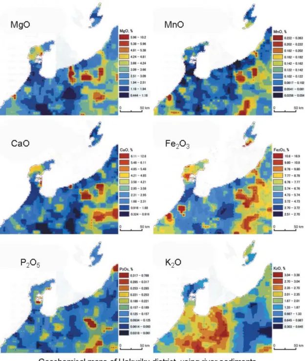 Fig. 4 – Geo-chemical maps of river sediments at Hokuriku district, Japan. River sediments were used for the chemical analyses (Geological Survey of Japan 2004; open to the public).