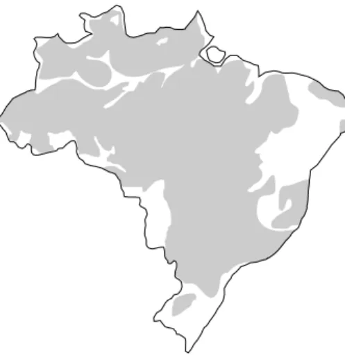 Fig. 4 – Area of lateritic cover (laterite and latosols) in Brazil (Melfi and Pedro 1977).