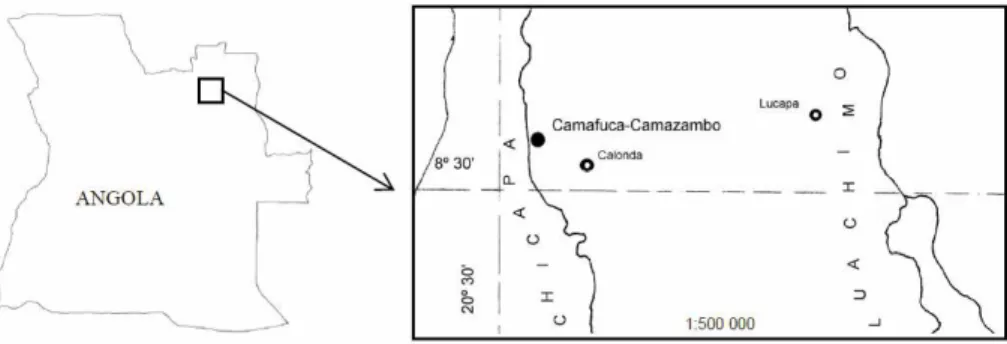 Fig. 1 – Location of the Camafuca-Camazambo kimberlite, northeast Angola.