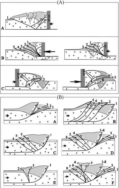 Fig. 10 – Cartoons illustrating conceptual models for positive inversion. (A) Our models: A- Experiment I; B- Experiment II; and C- Experiment III (note the progressive shortening in experiments II and III)