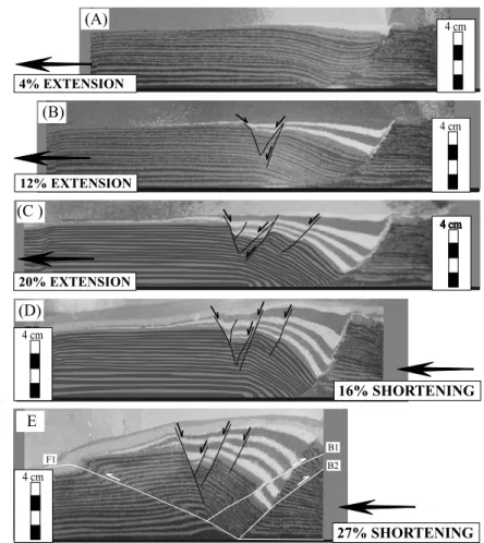 Fig. 7 – Photographs illustrating successive stages of experiment I. (A) to (C) are cross-sections of the extension, and (D) to (E) of the inversion stage