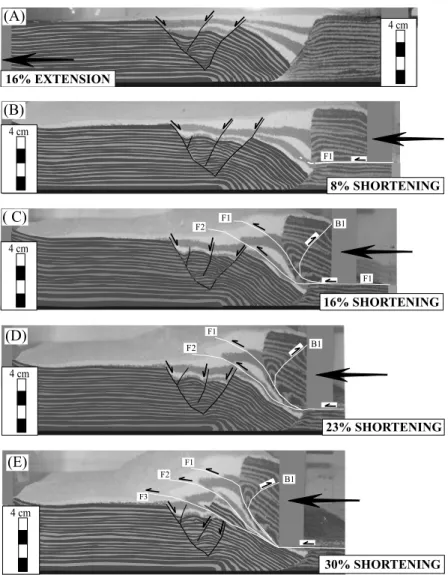 Fig. 8 – Photographs illustrating successive stages of experiment II. (A) presents a rollover anticline with a crestal collapse graben, similar to that of experiment I; and (B) to (E) the sequential inversion.