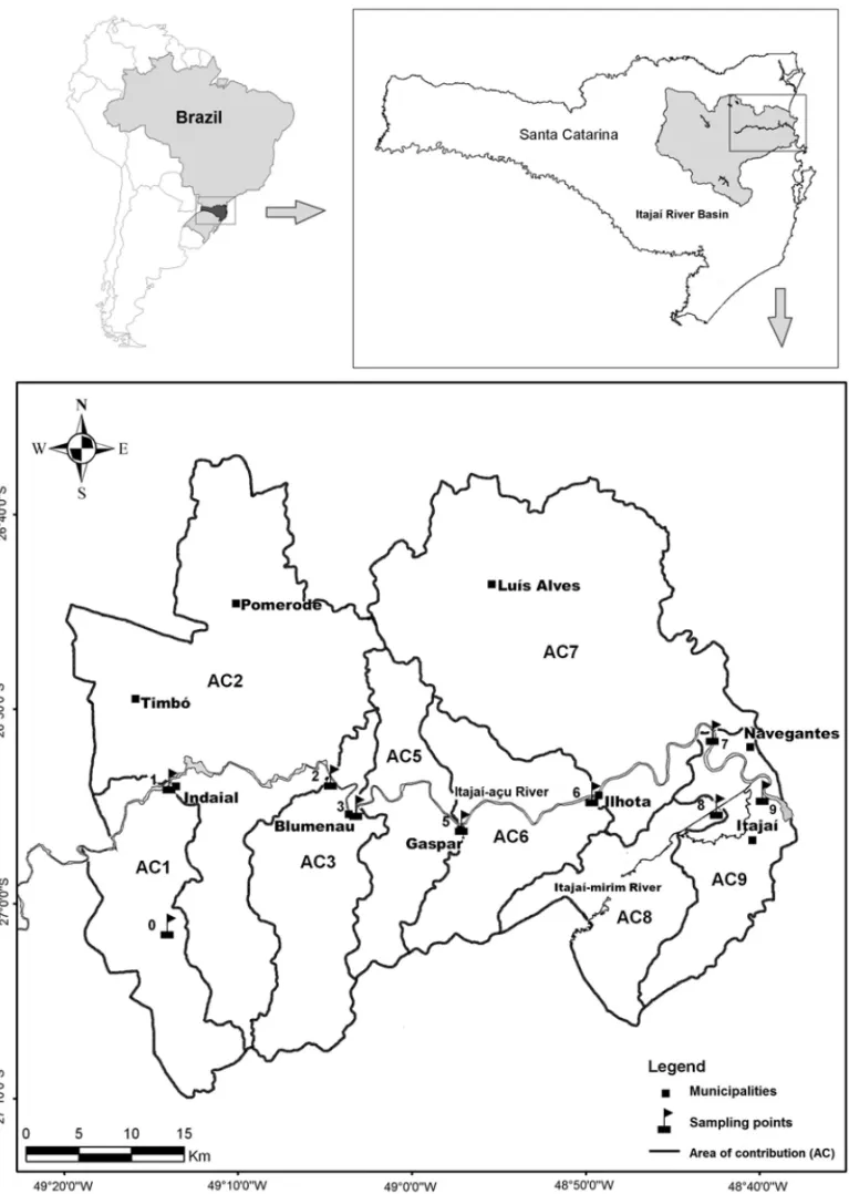 Fig. 1 – Area of the study, showing collection stations along the Itajaí-Açú River estuary, SC