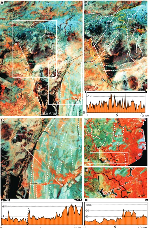 Fig. 4 – Landsat images, composition = 4(R), 5(G), 7(B), illustrating areas between drills, where drainage lineaments are related to tectonic activity