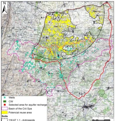Figure 1.  Final suitability  map with  the eight  thematic maps overlaying.  The potential reuse  area (in yellow) and the selected area for aquifer recharge (square in red)