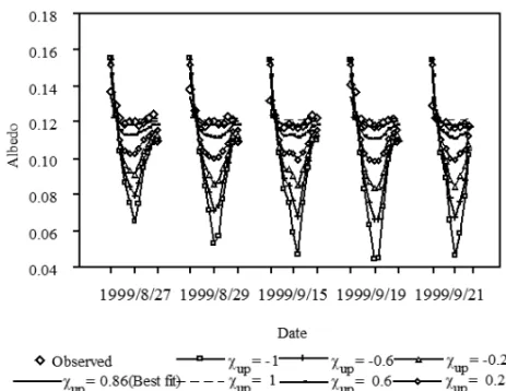 Fig. 5 – Temporal variation of the albedo observed in the Cuieiras Biological Reserve (K34) and the albedo simulated by the IBIS model, according to the upper canopy element orientation parameter.
