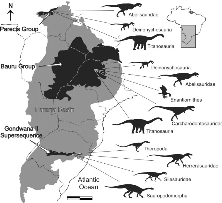 Fig. 1 – Map of south-central Brazil depicting the Paraná Basin (grey), and Gondwana II Supersequence, Bauru and Parecis groups (black).