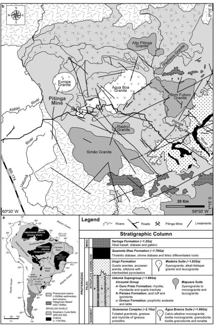 Fig. 1 – Location (a) and geological map (b) of Pitinga Mining District. (modified from (a) Hartmann and Delgado 2001 and (b) Ferron et al