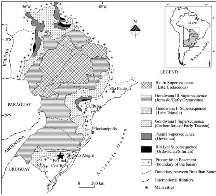 Fig. 1 – Simplified geological map of the Paraná Basin in Brazil with major tectonic elements and location of the Faxinal Coalfield.