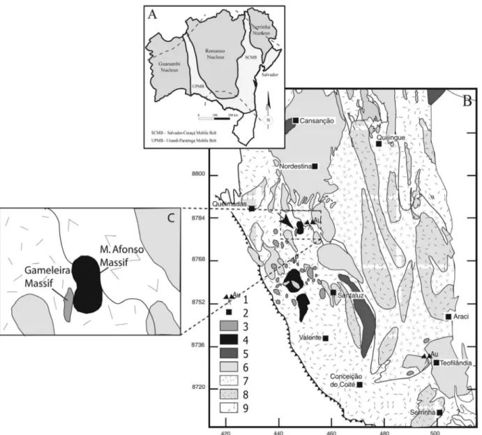 Figure 1. (A) Mascarenhas (1979) tectonic model to Paleoproterozoic in Bahia. (B) Simplified geological map of the southern part of the Serrinha  nucleus with the proposal of Rios (2002) for the subdivision of granitic rocks