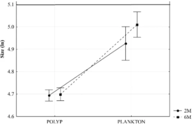 Fig. 4- First-order interaction between sites (polyps of Carijoa riisei  and plankton) and depth on ln transformed mean of prey size at Porto  de Galinhas beach