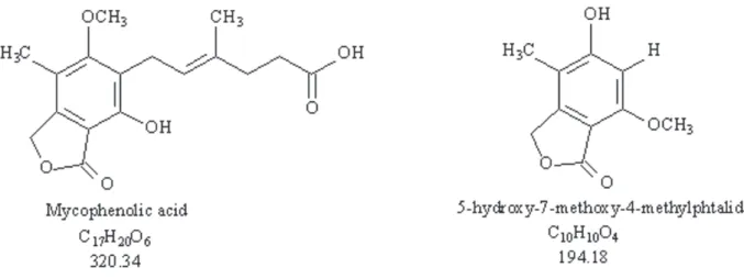 Figure 1 - Structures of the compounds mycophenolic acid and 5-hydroxy-7-methoxy-4-methylphthalide.