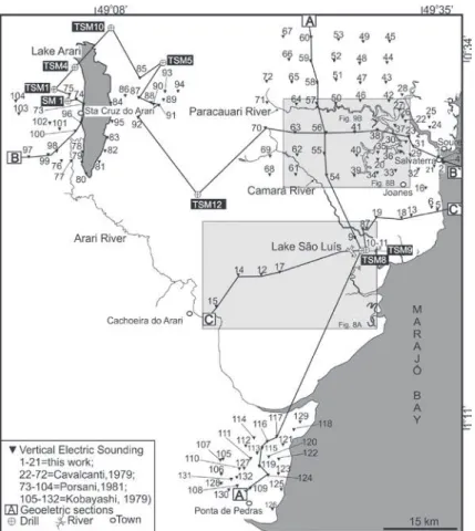Fig. 2 - Map with location of individual vertical electric soundings (VES) and geoelectric  sections shown in figure 5