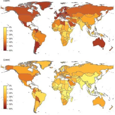 Figura 1: Mapa mundial de prevalência de excesso de peso (upper) e obesidade (lower) em adultos com 20 anos ou mais de idade em 2005 (Fonte: KELLY et al ., 2008).