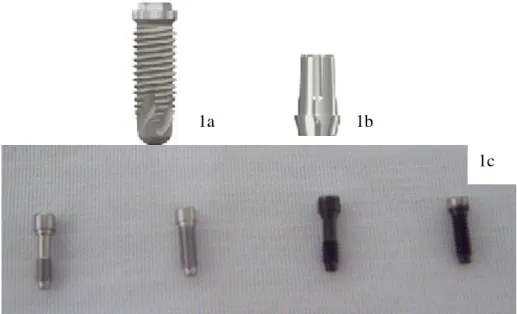 Figura 1 - a) Implante HE 4.0 mm x 13 mm, b) Munhão universal 4.5 x 6 x 2 mm,  c) Parafusos: FE, FT, LE, LT, respectivamente 