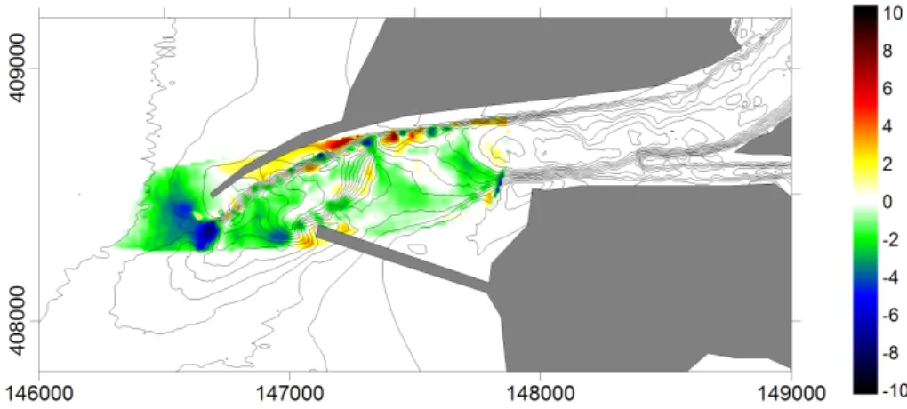 Figure 3.5: Observed bathymetric changes (metre) in the study area between June 2001 and March 2003