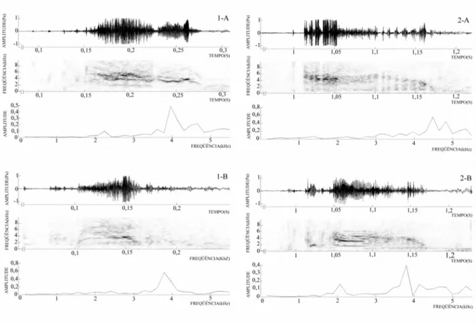 FIGURA 6: Ocilogramas, sonogramas e espéctros de freqüência de gritos emitidos por fêmeas  engajadas ao cuidado a prole em resposta a perturbações ao cardume feitas pelo observador