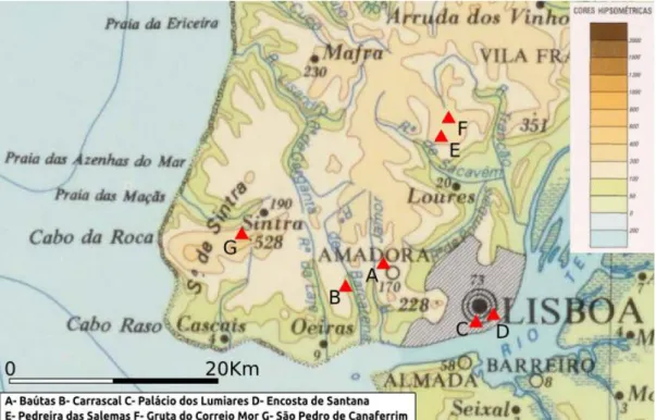 Figura 1: Localização dos sítios do Neolítico Antigo na Península de Lisboa (IGP, Carta hipsométrica  de Portugal, adap
