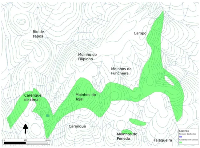 Figura 4: Localização do Povoado das Baútas e da formação de Calcários com rudistas.