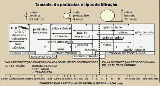 Figura 2.2 - Tamanho de partículas suspensas, colóides, organismos, moléculas de átomos presentes  na água (Fonte: DI BERNARDO et al