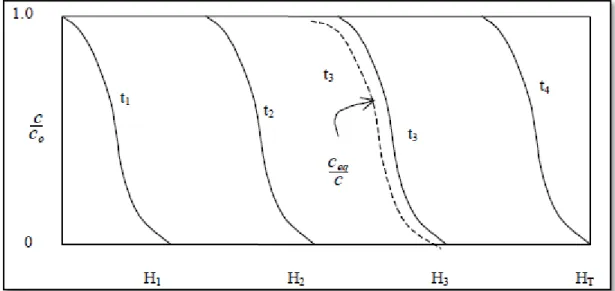 Figura 2.10 - Comportamento da zona de adsorção para diferentes alturas do leito. 