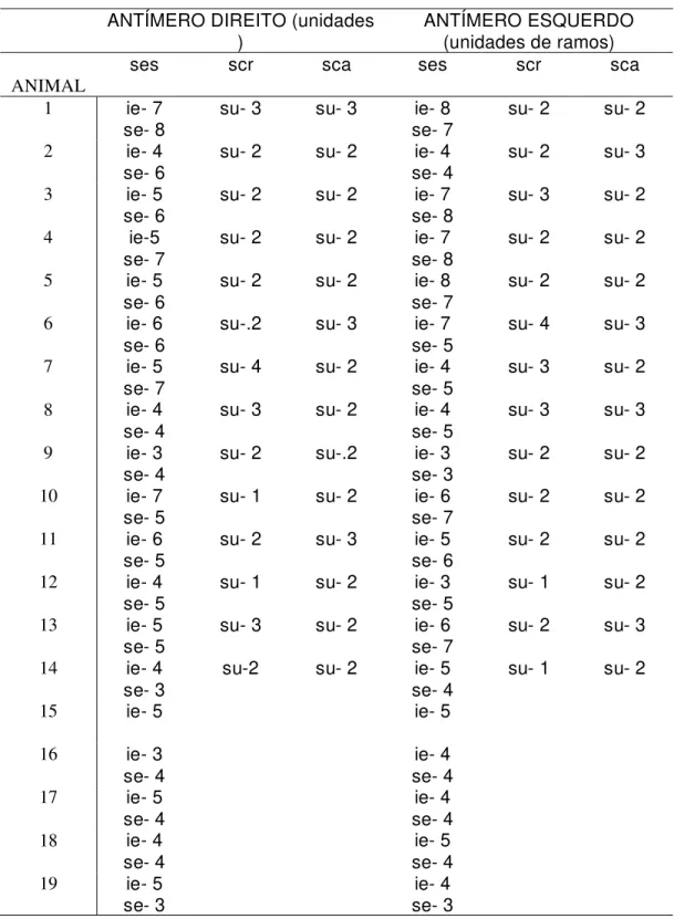 Tabela  4.  Ramos  penetrantes  dos  nervos  supraescapular  (ses),  subescapulares  cranial  (scr)  e  caudal  (sca)  nos  músculos  supraespinhal  (se),  infraespinhal  (ie)  e  subescapular (su) em javalis, Uberlândia, 2009.