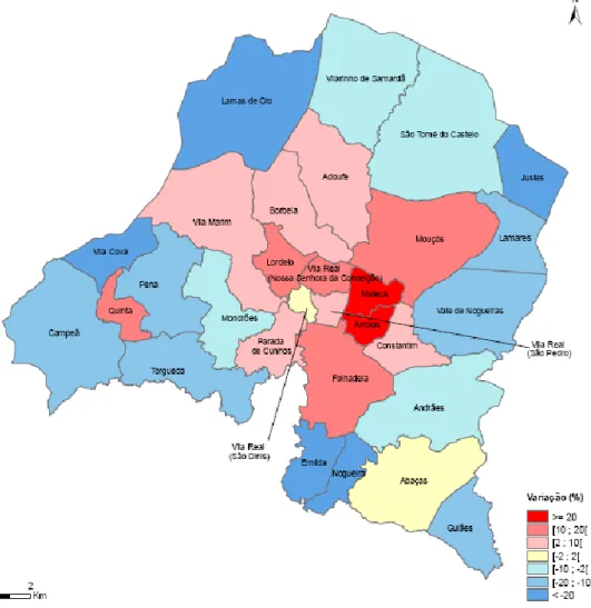 Figura 12. Variação da população residente por freguesia, 2001-2011  (INE, 2011c) 