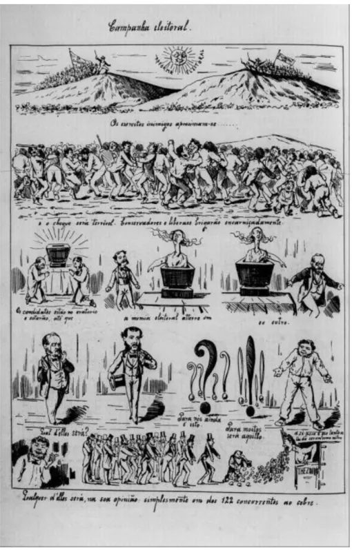 Fig. 6. Campanha eleitoral (1881)  O Mequetrefe 2 dez. 1881, ano 7, n. 259, p. 4 - HDB 