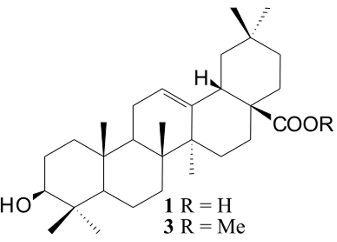 Fig. 1 – Structure of oleanolic acid (1) and of its methyl ester derivative (3).