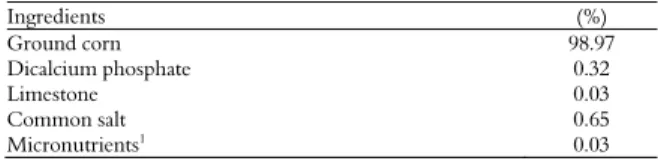 Table 1. Ingredients used in the concentrate, percentage of  natural matter.  Ingredients (%)  Ground corn  98.97  Dicalcium phosphate  0.32  Limestone 0.03  Common salt  0.65  Micronutrients 1  0.03 