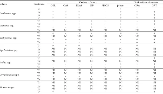 Table 1. Analysis of potential virulence factors and tests for the detection in the formation of biofilm of bacterial isolates for each  treatment employed in the cultivation of juvenile Nile tilapia