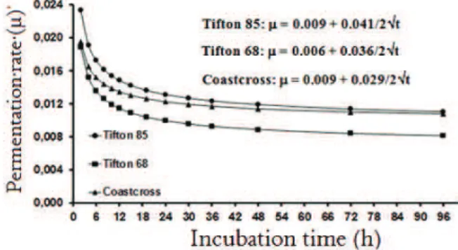 Figure 3.Fermentation rate (µ) of dry matter according to  incubation time of three grasses of the genus Cynodon
