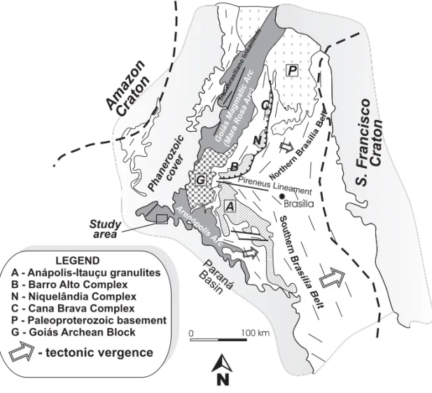 Fig. 1 – Main tectonic features of the eastern part of the Tocantins Province, in central Brazil.