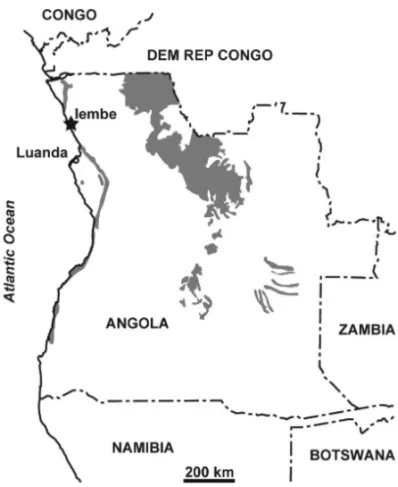 Fig. 1 – Map of Angola, showing the Tadi site (star; 08 ◦ S/13 ◦ E) and the distribution of Cretaceous strata (grey) in Angola.
