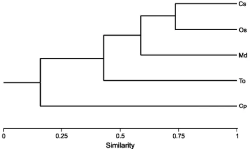 Fig. 4 – Similarity of the temporal distribution among five of the six lizards species studied in the studied area, Rio Grande do Sul, Brazil