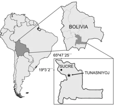 Fig. 1 – Map location of the dinosaur track locality Tunasniyoj, Chu- Chu-quisaca Department, Bolivia.