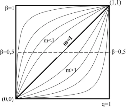 Fig. 5 – Variation of the parameter β as a function of the saturation quotient q(x, t).