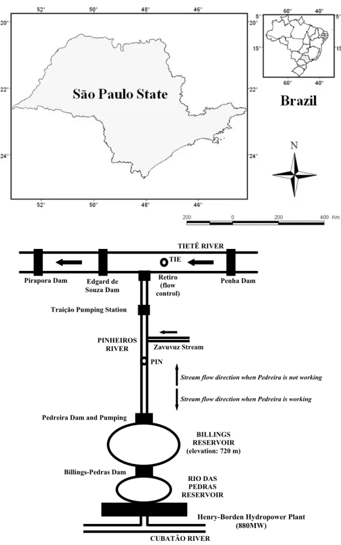 Fig. 1 – Scheme of sampling stations in the Tietê (TIE) and Pinheiros (PIN) Rivers, which are located in São Paulo State (Brazil).