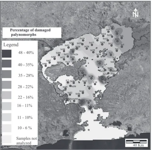 Figure 6 - Map of percentage of damages palynomorphs observed in surface sediment samples of the  Guanabara Bay.