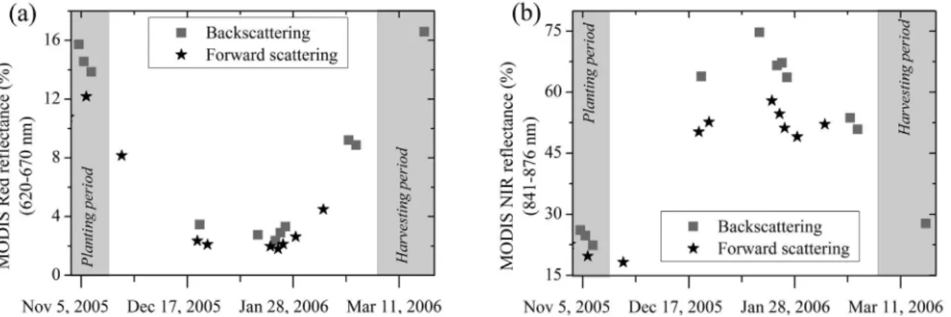 Figure 2 – Variation in reflectance as a function of the crop development (Perdiz cultivar) and viewing direction for the MODIS (a) red (620-670  nm) and (b) near-infrared (NIR) (841-876 nm) bands.