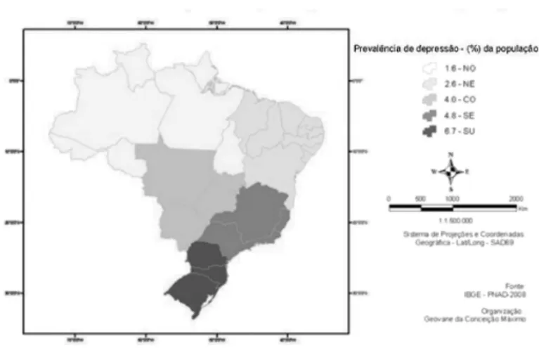 Mapa 1: Prevalência da depressão por grandes regiões geográficas do país  (valores em %) – Brasil, 2008.
