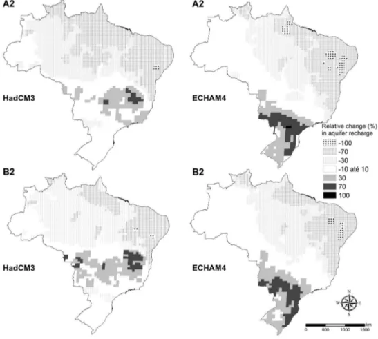 Figure 7 shows the impact of climate changes  on the Brazilian territory, taking into account the  percentage of territory affected by the variation of  the aquifer recharge estimated for the 2050’s