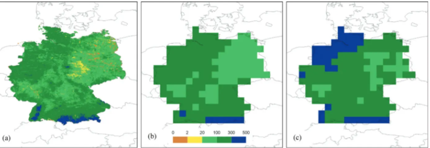 Figure 4 - a) Groundwater recharge in Germany (mm/yr), as computed with a spatial resolution of 1 km by 1 km for 1961–1990; b) aggregated  to a spatial resolution of 0.5; and c) groundwater recharge as computed with WGHM for the same spatial resolution and