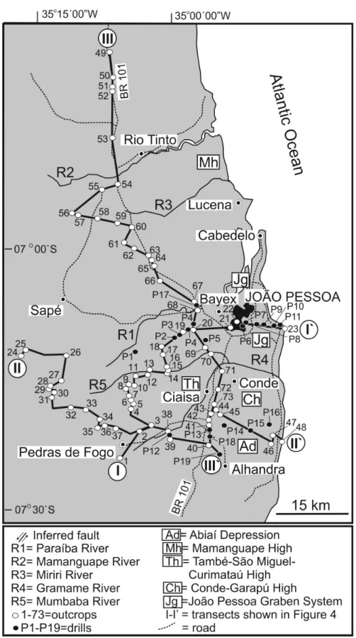Figure 3: Location of the studied exposures, drills and transects, with the interpreted distribution of the  stratigraphic units.